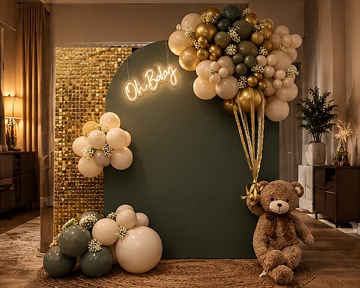 Indoor baby shower backdrop: sage green arch with a warm white neon 'Oh Baby' sign, gold sequin panel, champagne, sage and gold balloon clusters and a large teddy bear on a round jute rug.