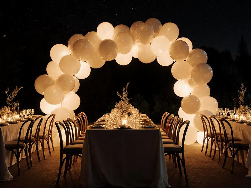 Long dinner table with bentwood chairs beneath a large arch of glowing white balloons at night, with more set tables either side.