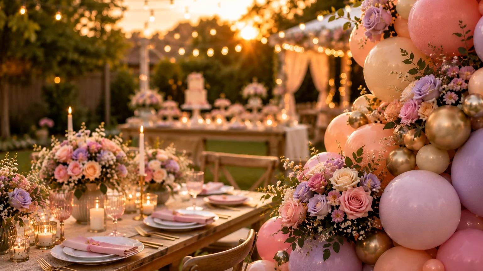 Outdoor dinner setting at sunset under festoon lights, with a long timber table of pink and lilac floral centrepieces and candles beside a tall column of peach, pink, lilac and gold balloons woven with roses.